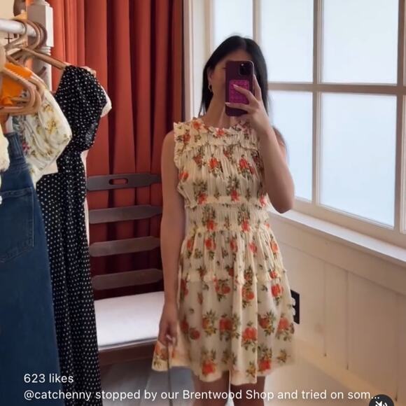 Doen Martha Shirred Ruffle Cotton Sleeveless Mini Dress Orangerie Floral - Picture 2 of 14